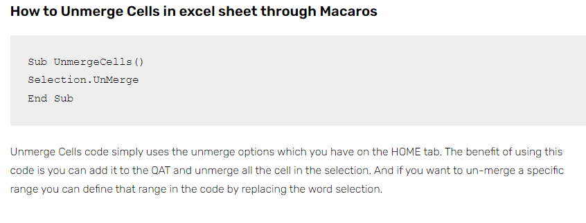 Excel Macro to unmerge cell