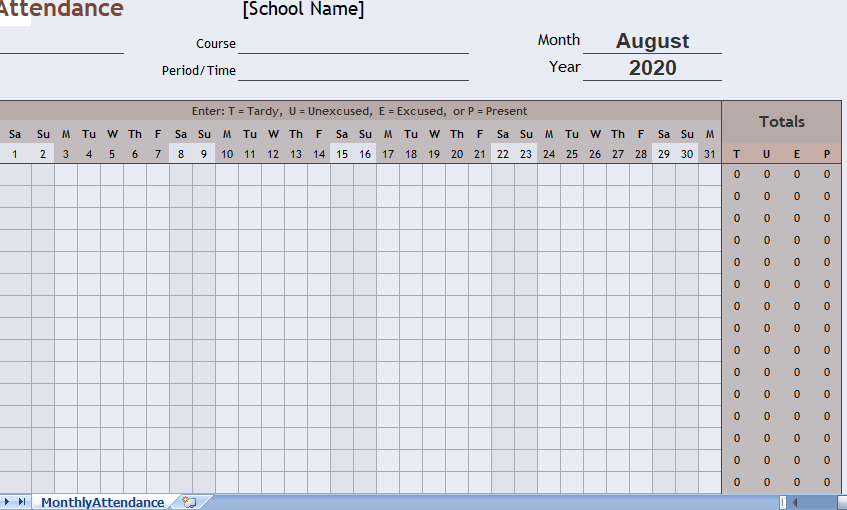class attendance monthly